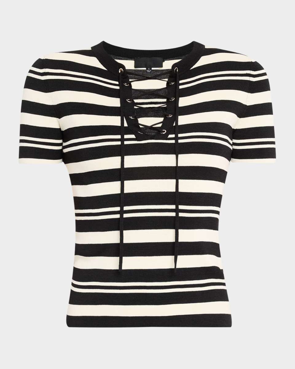 Oaklynn Stripe Lace-Up Silk T-Shirt